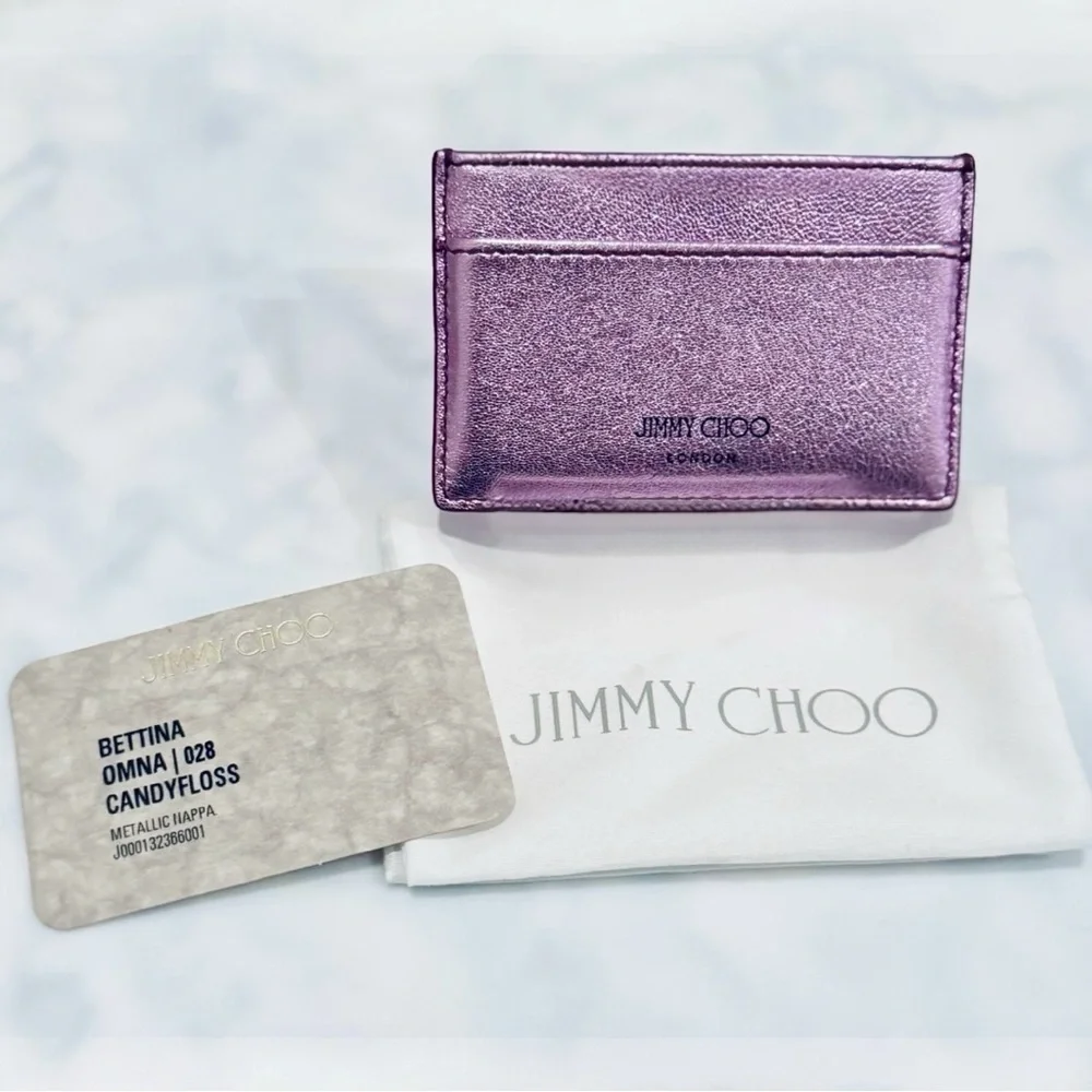 JIMMY CHOO Leather Metallic Lavender Lilac Card Holder logo Wallet NEW